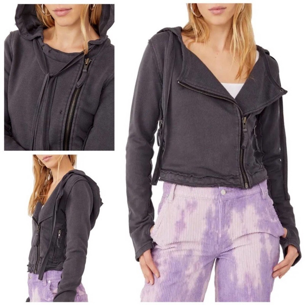 Free People You Asked For It Moto Hooded Jacket in Steel New with Tags XS